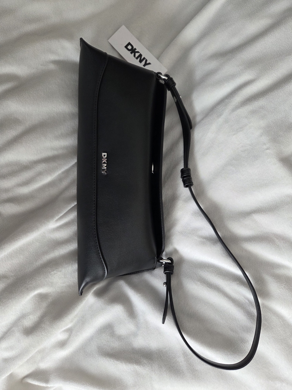 DKNY Black Leather Crossbody Belt Bag with Silver Logo